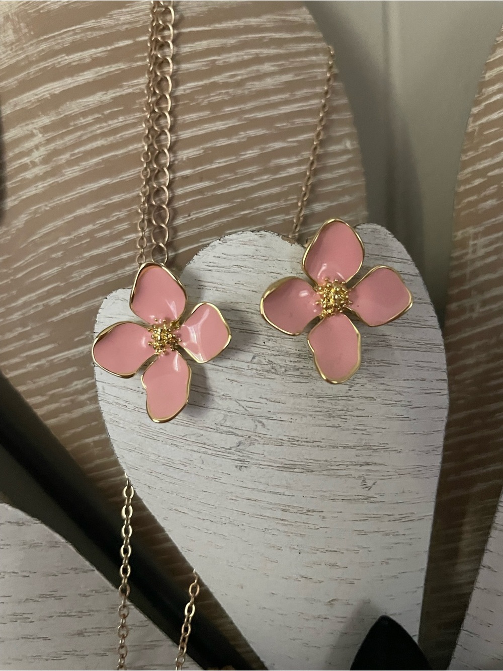 Pink & Cream Floral Earrings Set - Gold Trim